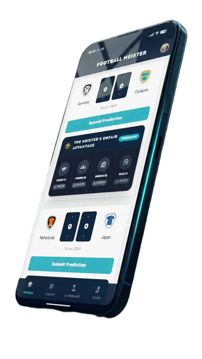 Football Meister mobile app showing World Cup 2026 fixtures and scoring predictions